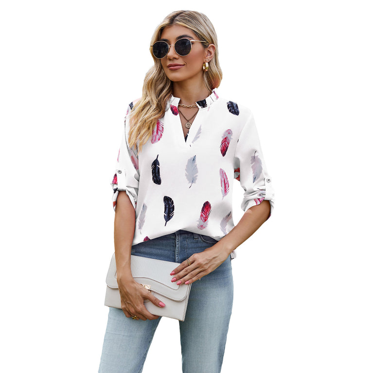 V-neck Feather Printed Shirt