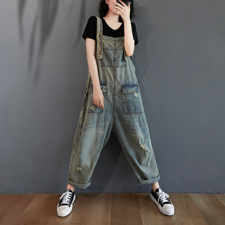 Summer Retro Ripped Denim Overalls