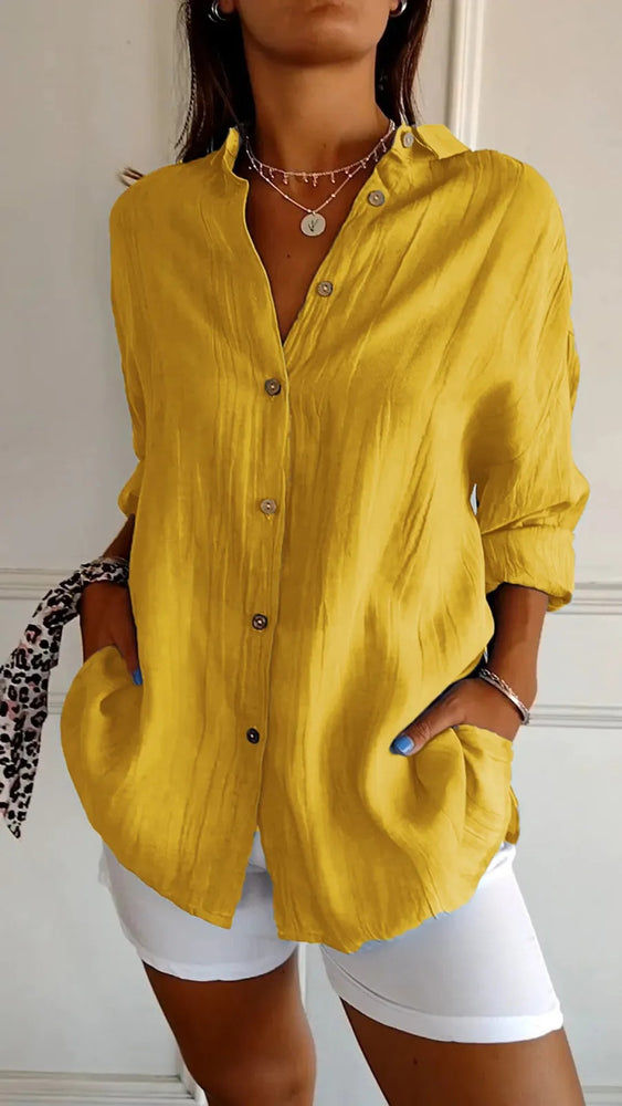 Lapel Long Sleeve Pleated Shirt