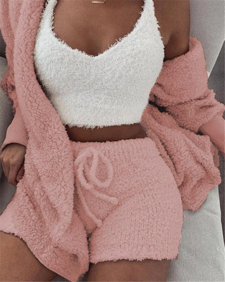 Long Sleeve Crop Tank Top And Drawstring Shorts Pajama Set