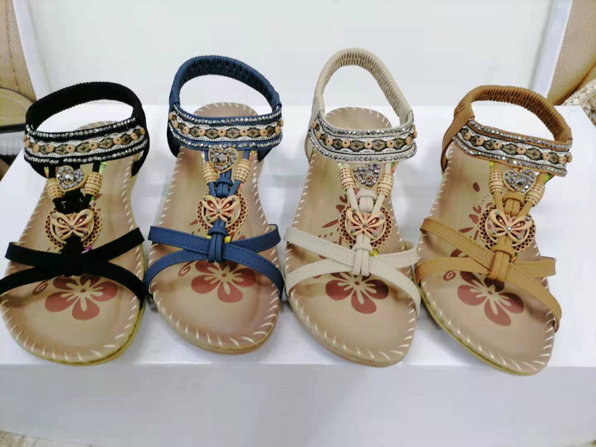 Large Size Flat Sandals Flower Rhinestone Sandals Beach Shoes