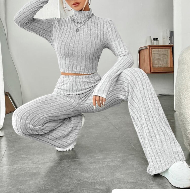 Long Sleeve Turtlenecks with Wide Leg High Waist Trousers Suit