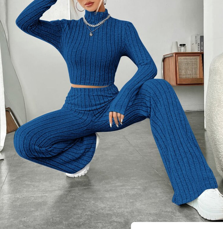 Long Sleeve Turtlenecks with Wide Leg High Waist Trousers Suit