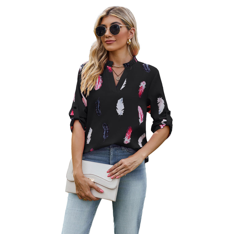 V-neck Feather Printed Shirt