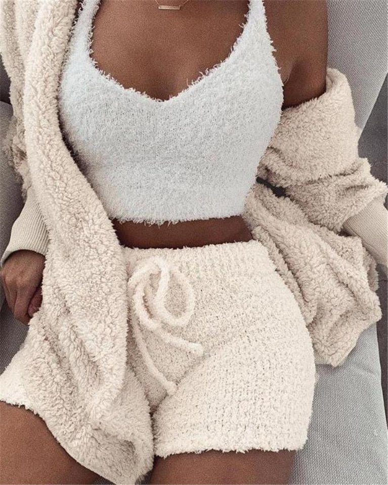 Long Sleeve Crop Tank Top And Drawstring Shorts Pajama Set