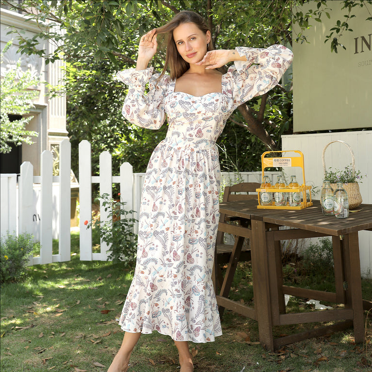 Square Neck Long Sleeved Printed Maxi