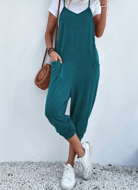 Women's Solid Color Zipper Patch Pocket Sling Jumpsuit For Women