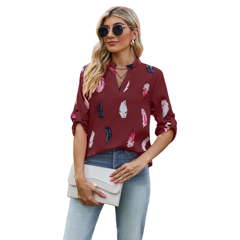 V-neck Feather Printed Shirt