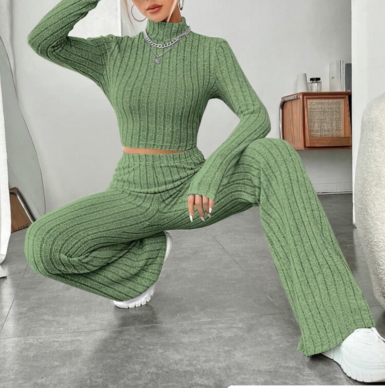 Long Sleeve Turtlenecks with Wide Leg High Waist Trousers Suit