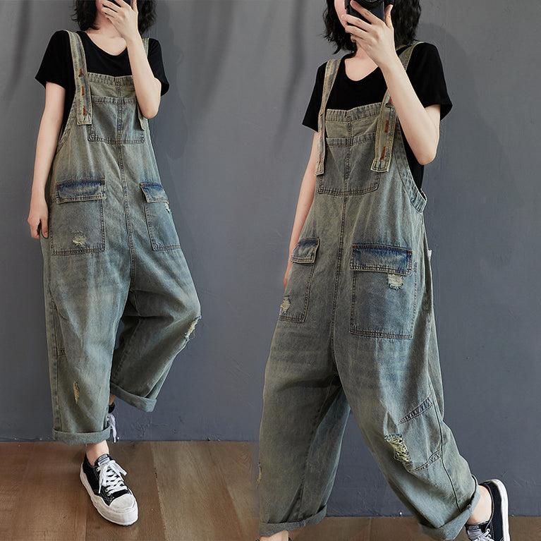 Summer Retro Ripped Denim Overalls