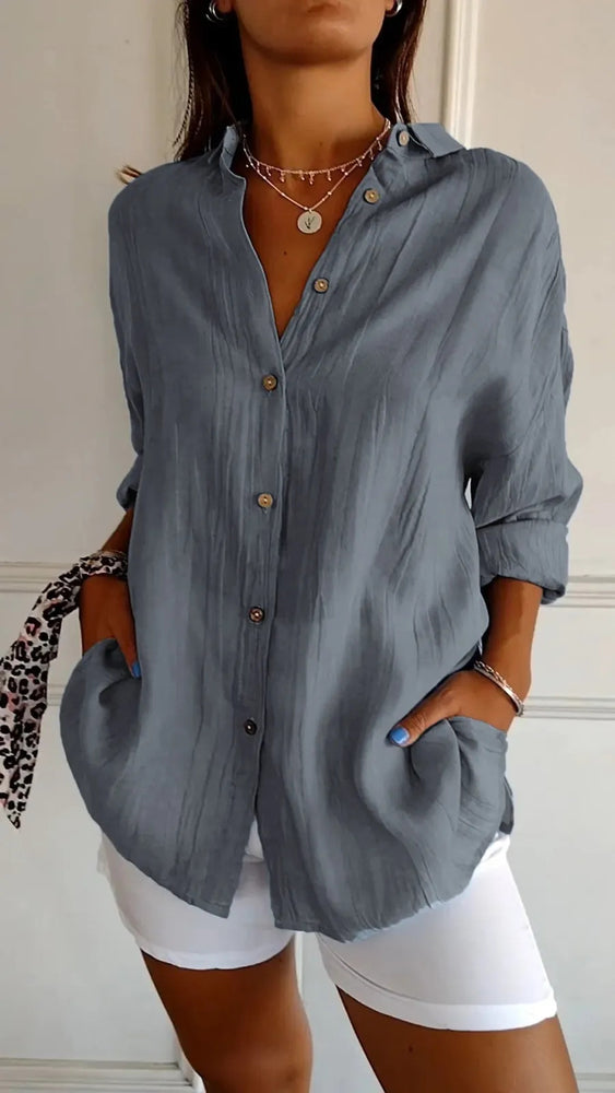 Lapel Long Sleeve Pleated Shirt