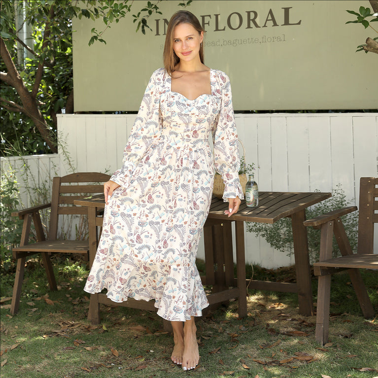 Square Neck Long Sleeved Printed Maxi