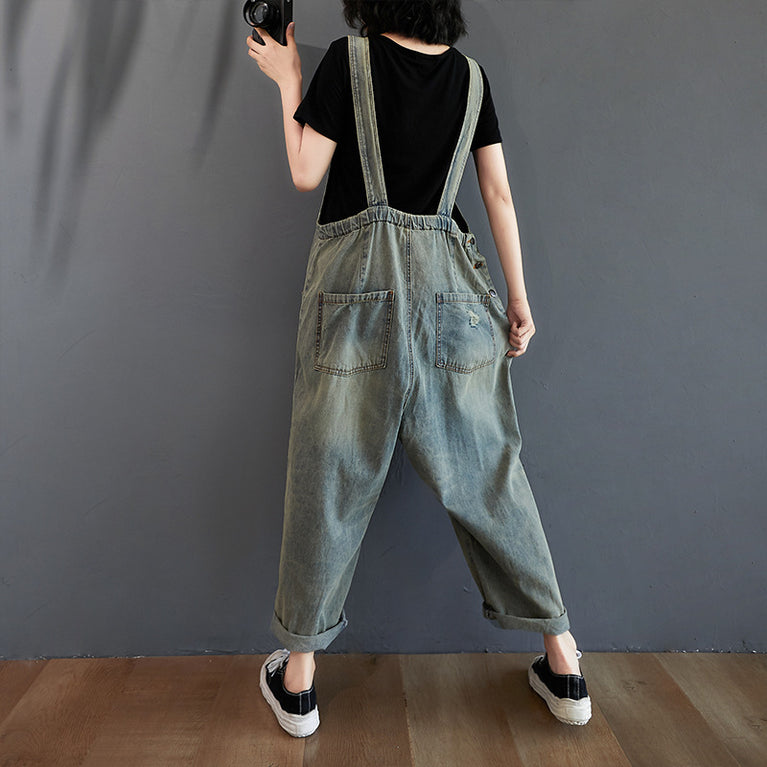 Summer Retro Ripped Denim Overalls