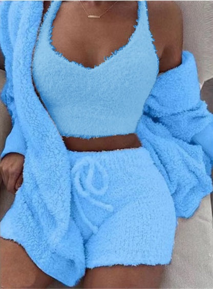 Long Sleeve Crop Tank Top And Drawstring Shorts Pajama Set