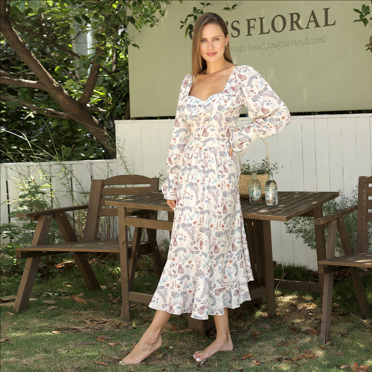 Square Neck Long Sleeved Printed Maxi