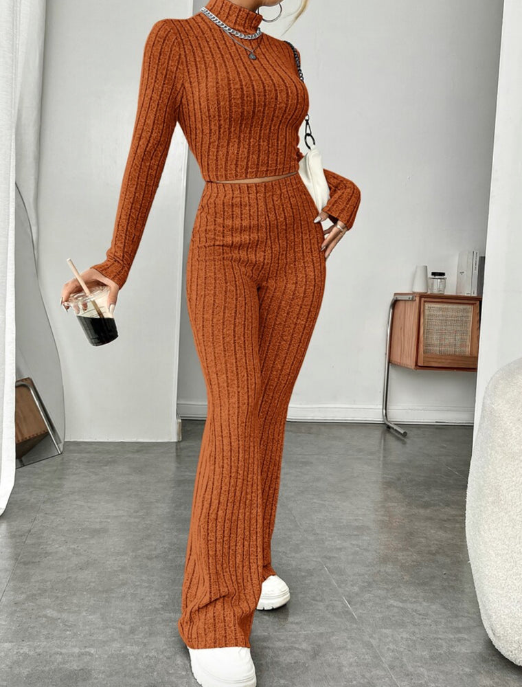 Long Sleeve Turtlenecks with Wide Leg High Waist Trousers Suit