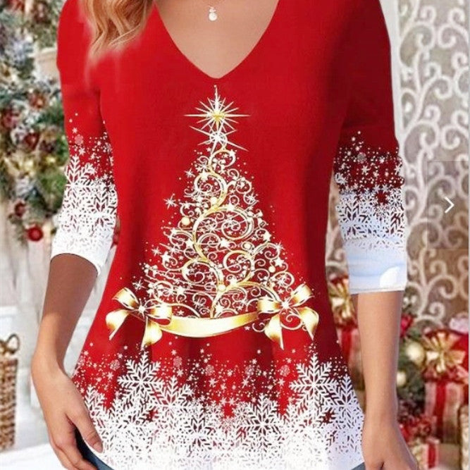 Christmas Loose New Fashion V-neck Pullover Print Top