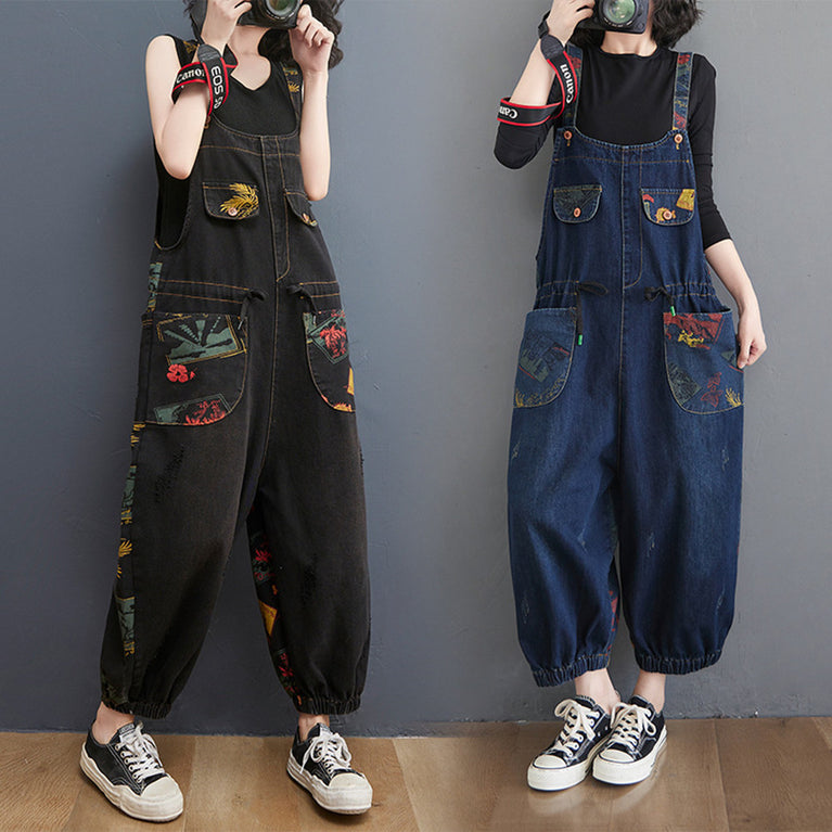 Plus Size Printed Suspender Jeans