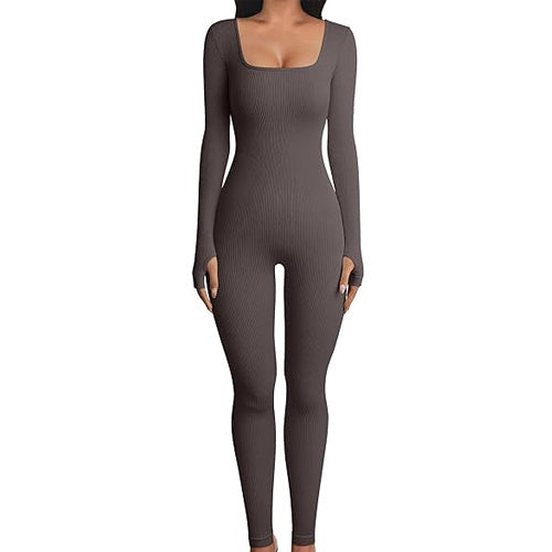 Long Sleeve Square Collar Workout Jumpsuit