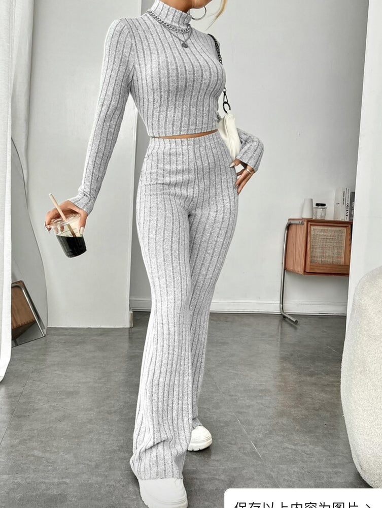 Long Sleeve Turtlenecks with Wide Leg High Waist Trousers Suit