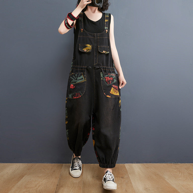 Plus Size Printed Suspender Jeans