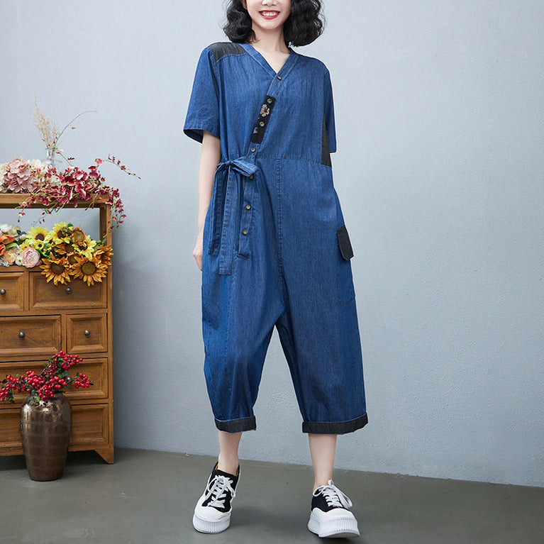 Drawstring Denim Jumpsuit