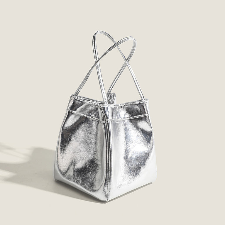 Lunch Box Bag Silver Bright Leather Portable Small Square Bag