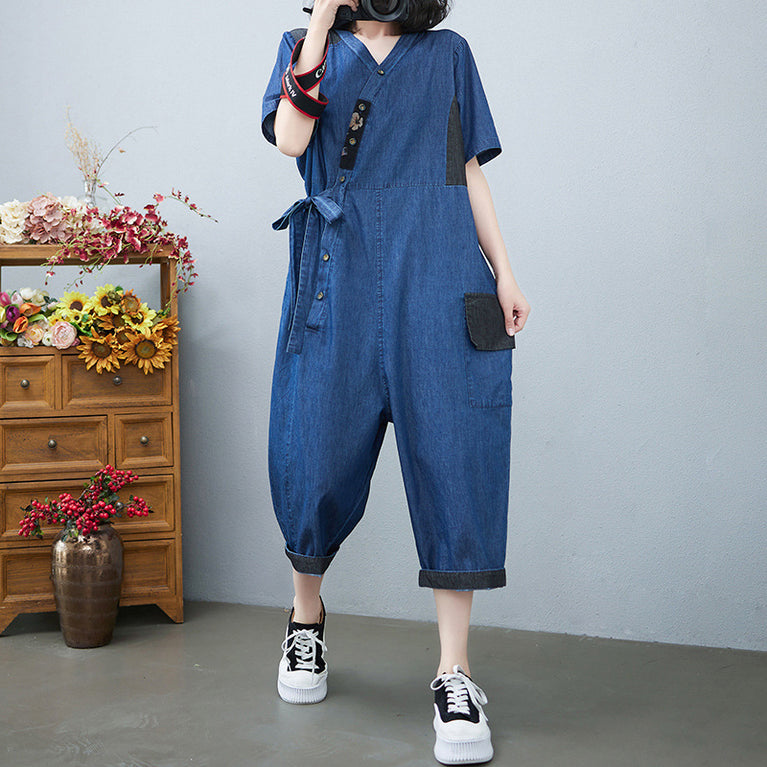 Drawstring Denim Jumpsuit