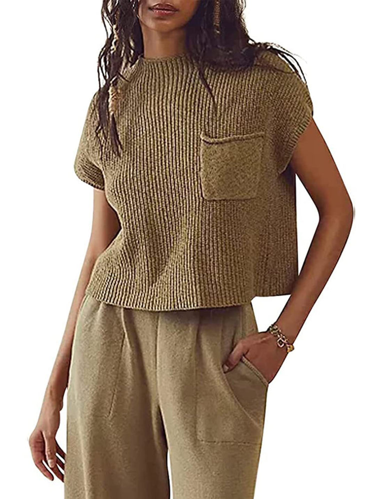 Knitted Sleeveless Pocket Casual Rib Pullover Vest