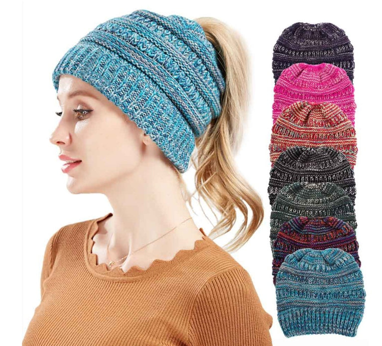 Mixed Color Knitted Wool Ponytail Hat