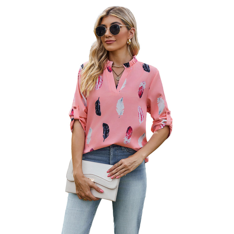 V-neck Feather Printed Shirt