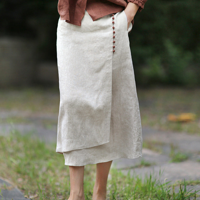 Solid Color Mid-length Raw Jute Color Artistic Irregular Stitching Skirt