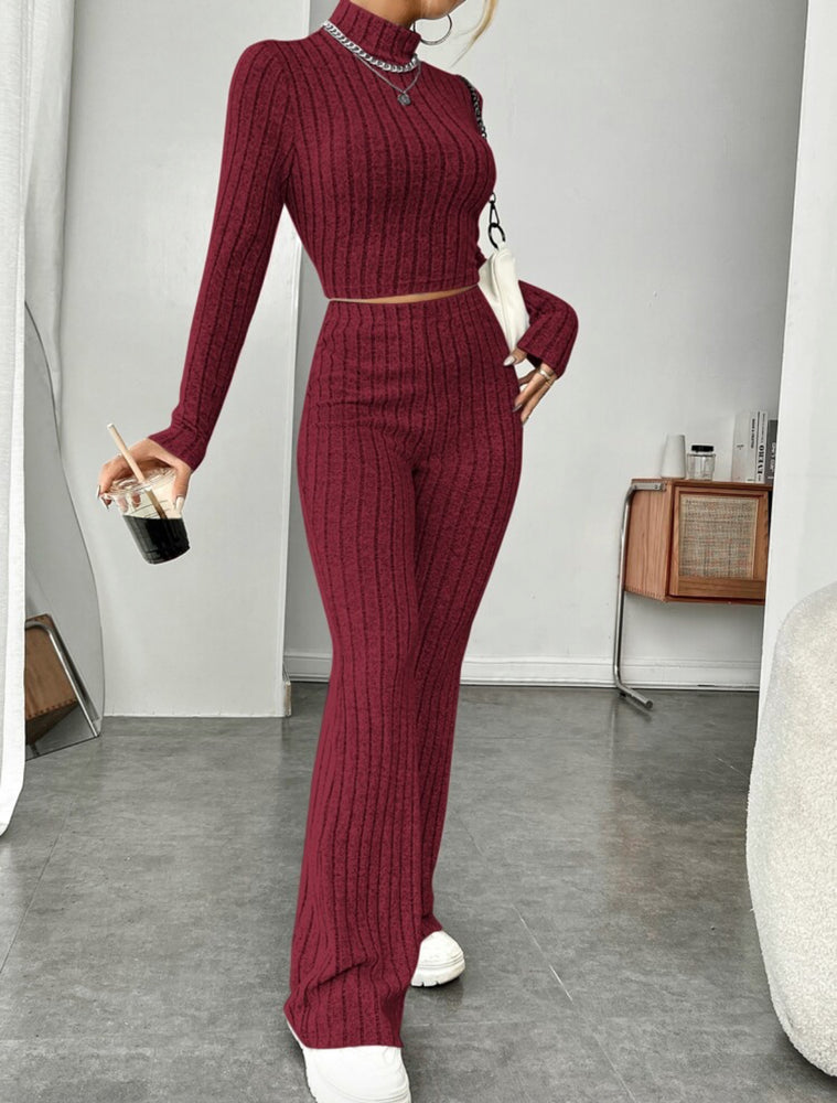 Long Sleeve Turtlenecks with Wide Leg High Waist Trousers Suit