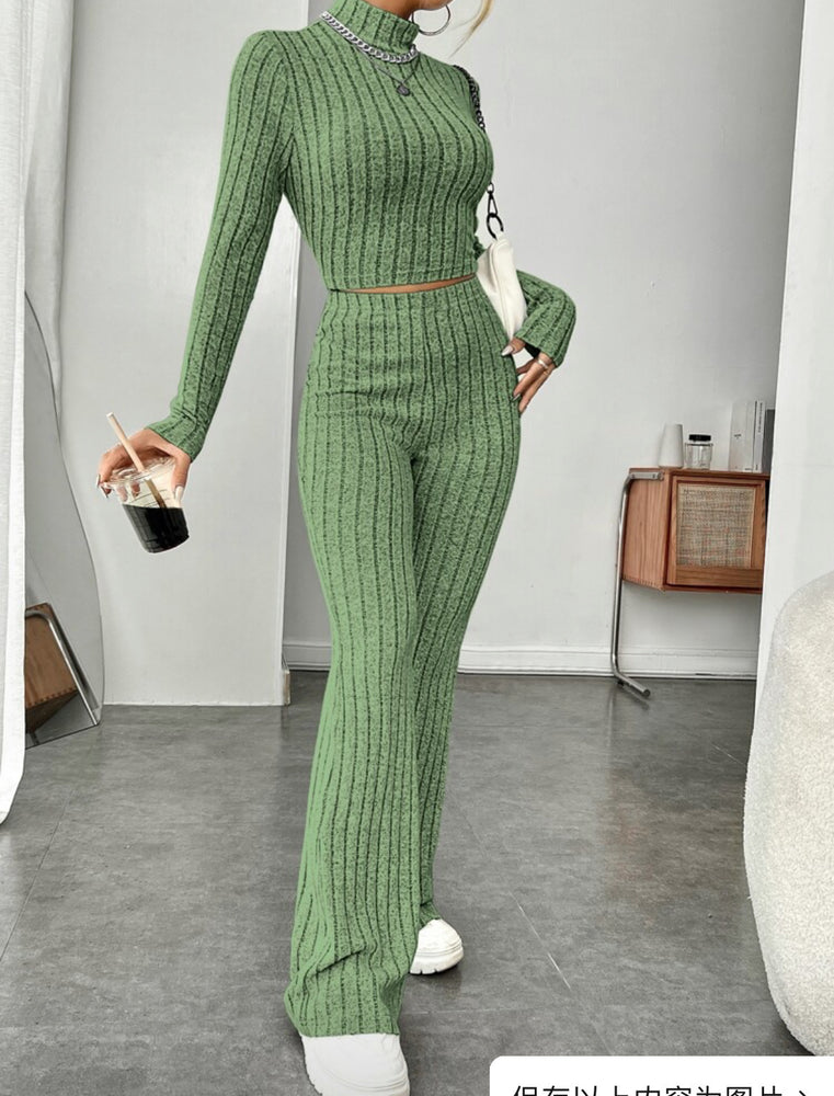 Long Sleeve Turtlenecks with Wide Leg High Waist Trousers Suit