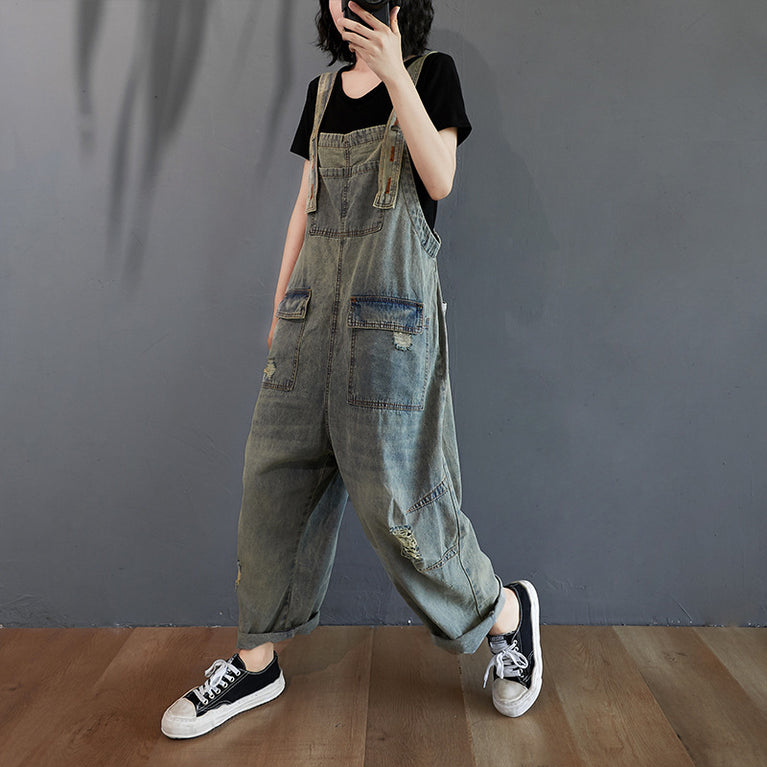 Summer Retro Ripped Denim Overalls