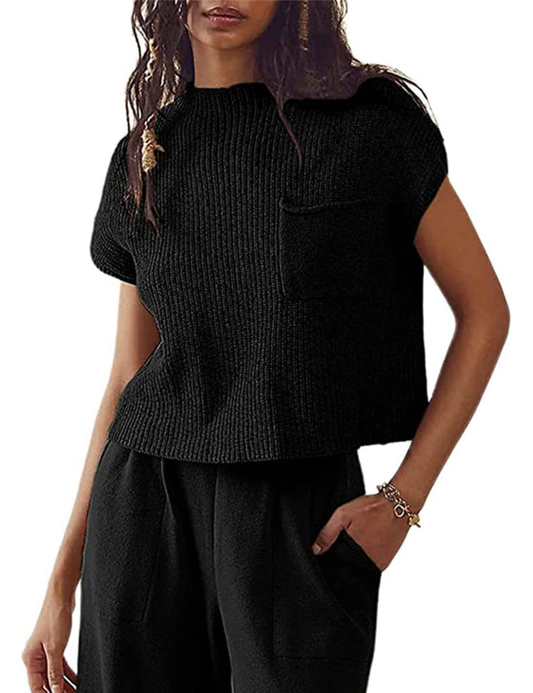 Knitted Sleeveless Pocket Casual Rib Pullover Vest