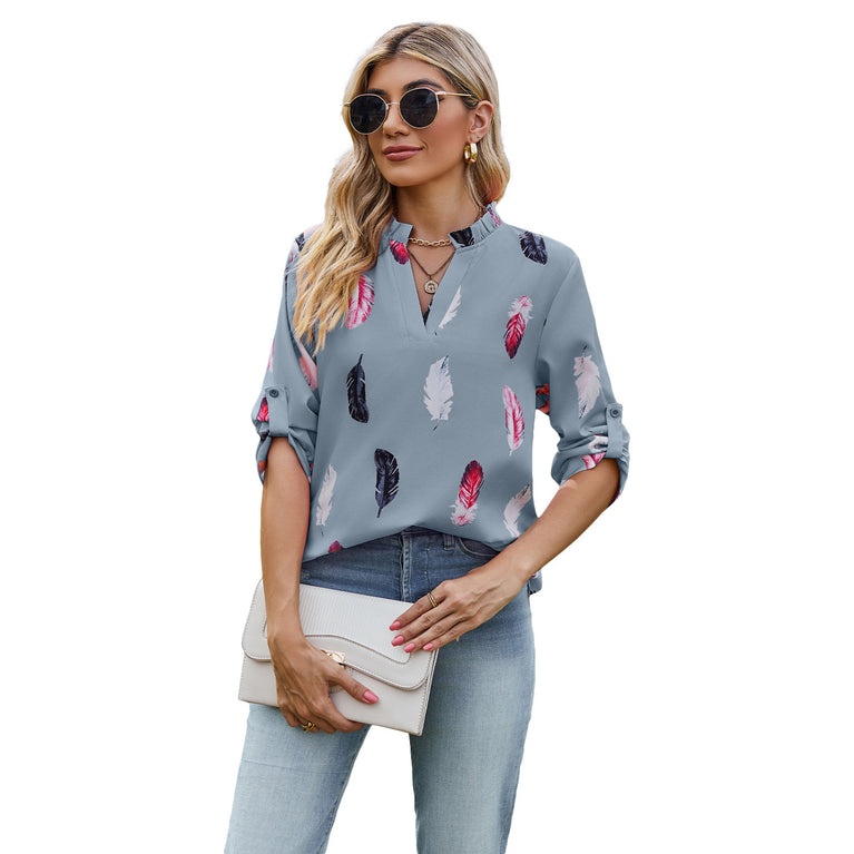 V-neck Feather Printed Shirt