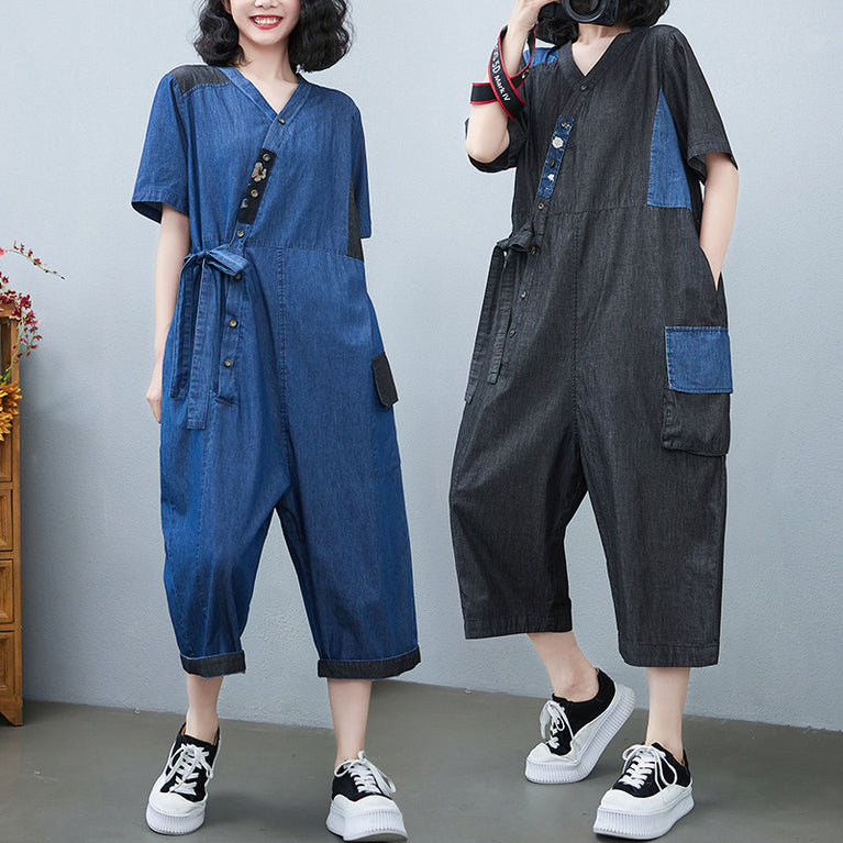 Drawstring Denim Jumpsuit