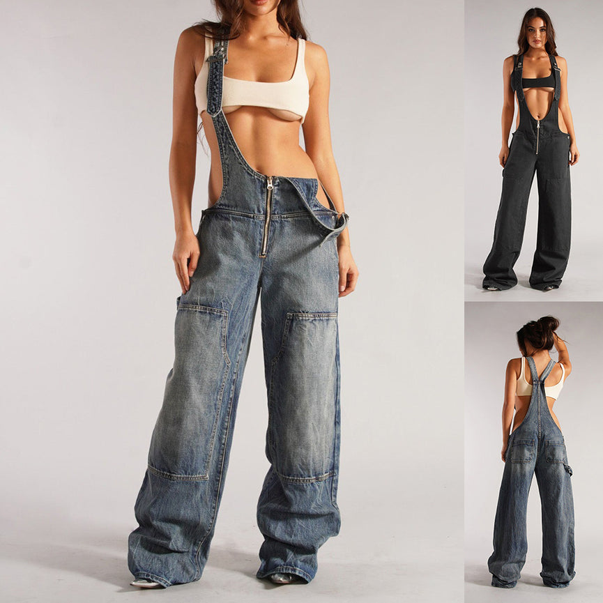 Zipper Denim Overalls With Pockets Suspender Jumpsuit