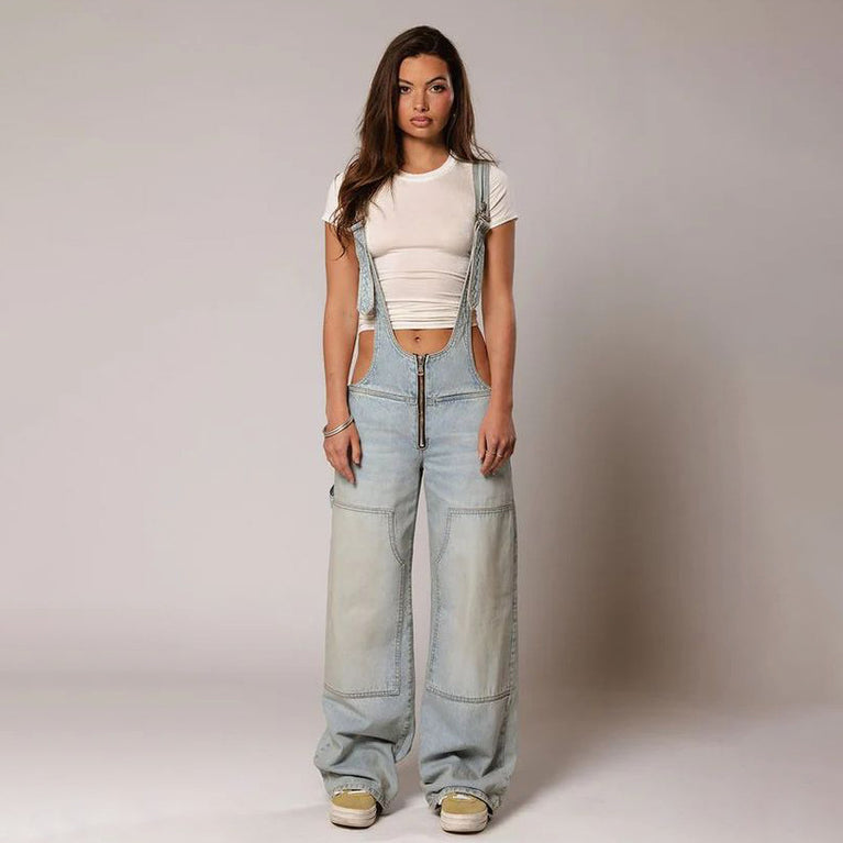 Zipper Denim Overalls With Pockets Suspender Jumpsuit