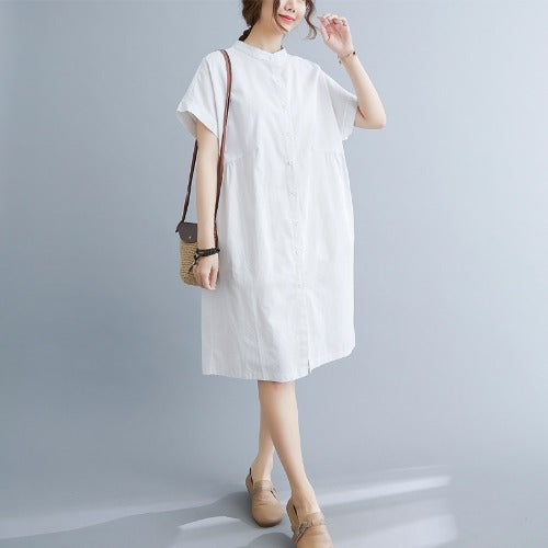 Cotton And Linen Collar Short Sleeves Dress