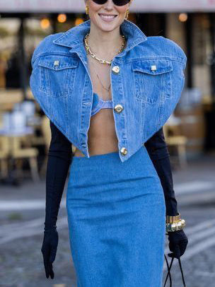 Love Shaped Denim Short Jacket & High Waist Skirt Two-Piece Set