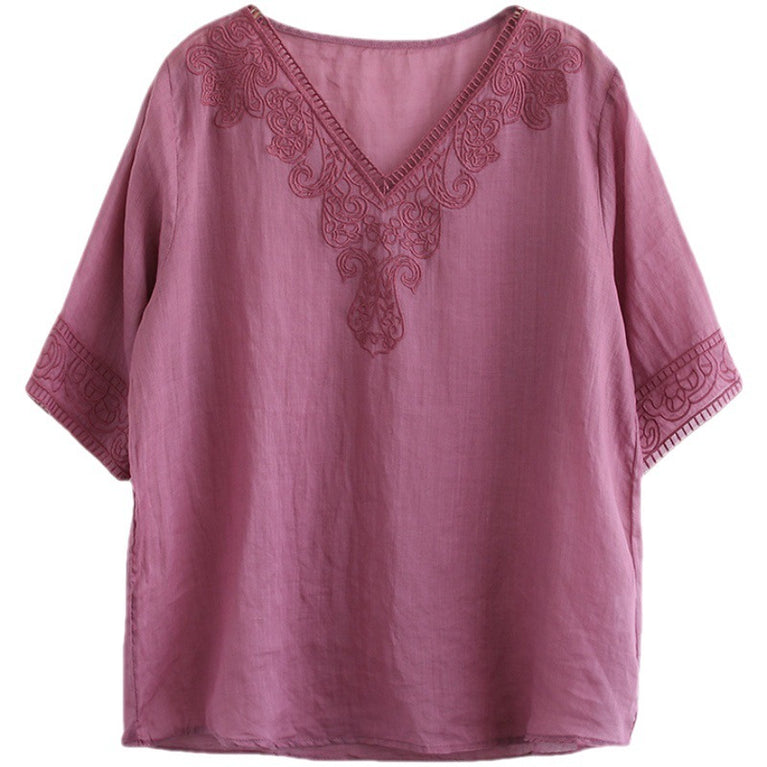 Retro Cotton And Linen Embroidered V-neck Short-sleeved T-shirt