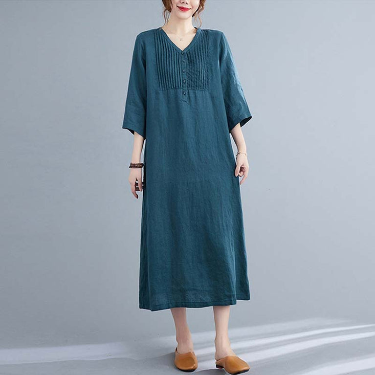 Artistic Loose Solid Color Cotton And Linen V-neck Half-length Sleeve Dress Women's Mid-length