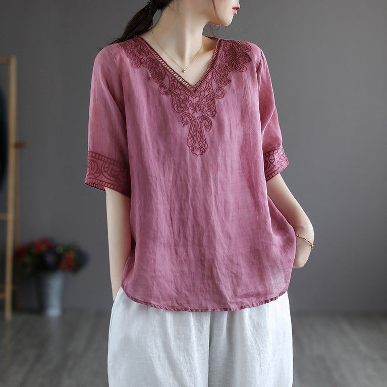 Retro Cotton And Linen Embroidered V-neck Short-sleeved T-shirt