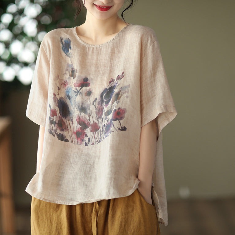 Summer Vintage Ink Print Casual T-shirt