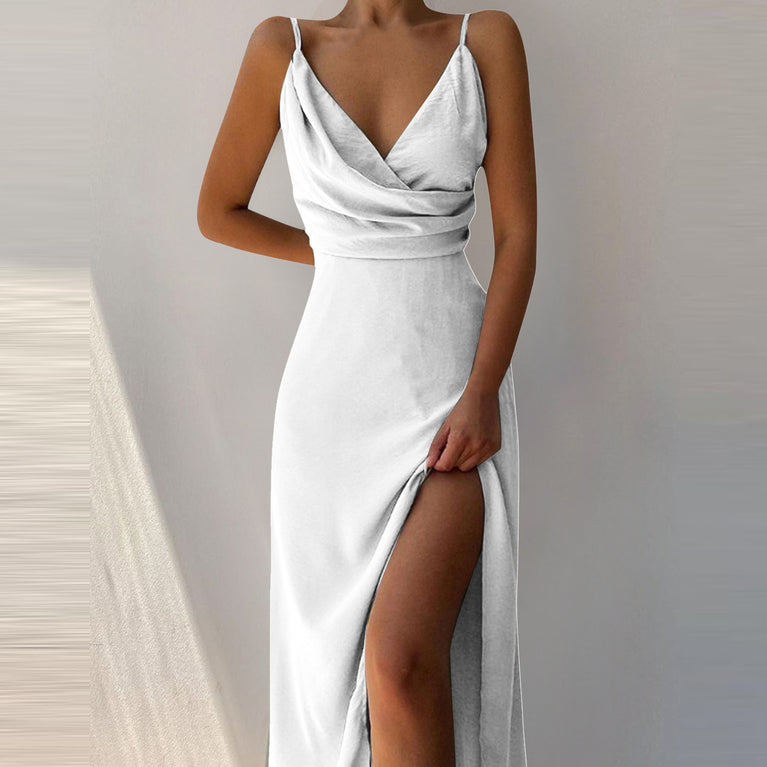 V-neck Slip Dress Low Cut Slit Dress