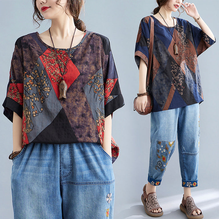 Round Neck Printed Short-sleeved T-shirt Top