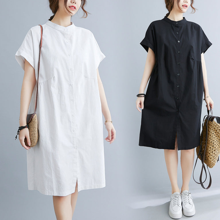 Cotton And Linen Collar Short Sleeves Dress