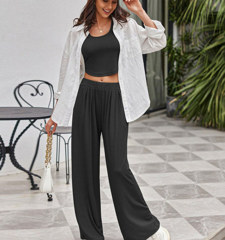 2 piece with black crop tank top and palazzo